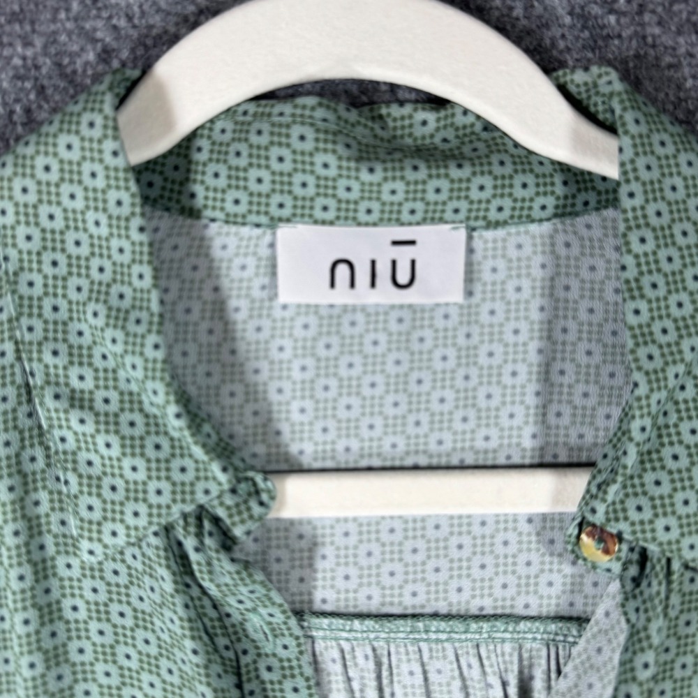 Niu Womens Italy Green Geometric Print Viscose Button Down Blouse XL Long Sleeve - Picture 3 of 8